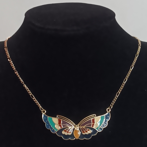 Eye Catching Butterfly Enamel Colorful Necklace with Gold Color Chain. - Picture 2 of 5